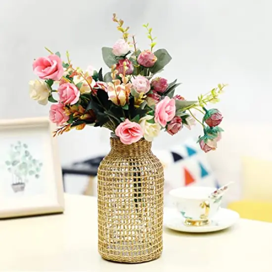 Boho Glass Flower Vase with Rattan Cover, Farmhouse Flower Bud Vase, Round Decorative Flower Vase Floral Container Flower Bottle for Floral Arrangements Housewarming Party Home Decor (L) {5}