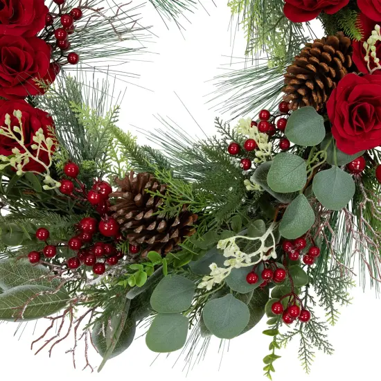 Northlight Real Touch&trade;️ Roses and Berries Artificial Christmas Wreath - 30" - Unlit Green {5}