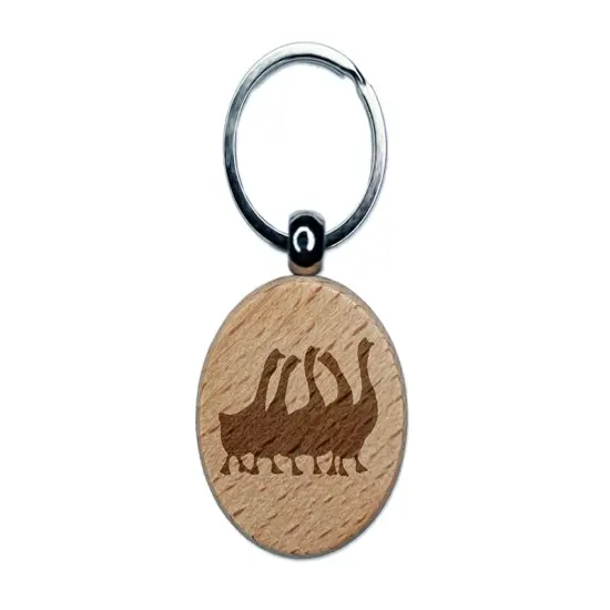 Geese Gaggle Goose Family Solid Engraved Wood Round Keychain Tag Charm {1}