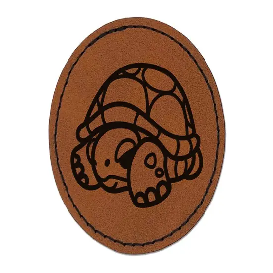 Shy Turtle Hiding in Shell Round Iron-On Engraved Faux Leather Patch Applique - 2.5" Brown {1}