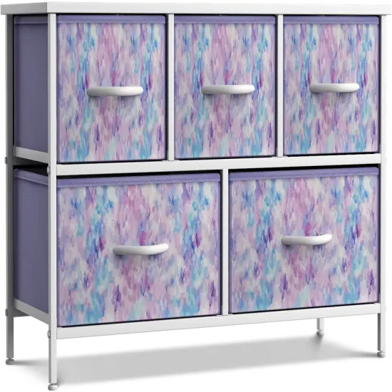 Sorbus Dresser with 5 Drawers - Storage Chest Organizer Unit with Steel Frame, Wood Top, Easy Pull Fabric Bins - Long Wide TV Stand for Bedroom Furniture, Hallway, Closet & Office Organization Tie Dye Purple {1}