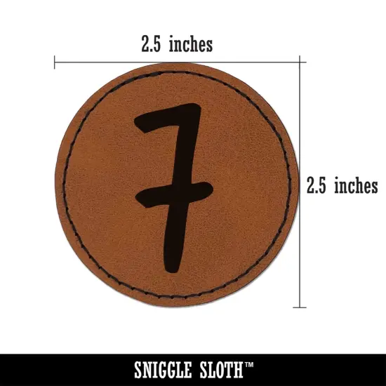 Number 7 Seven Felt Marker Font Round Iron-On Engraved Faux Leather Patch Applique - 2.5" Brown {3}
