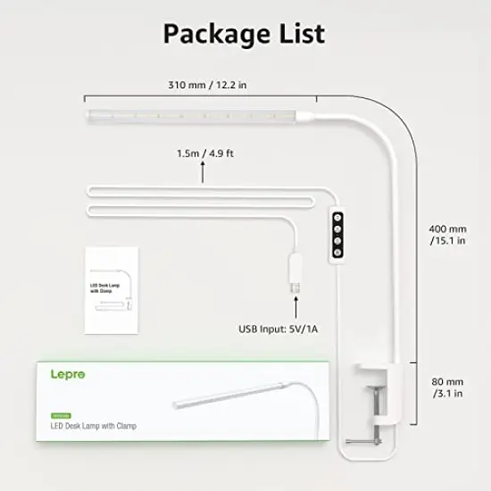 Clip on Desk Lamp LED Reading Light Dimmable USB Clamp Lamp with 3 Color Modes 10 Brightness, Adjustable Flexible Gooseneck Swing Arm for Bed Headboard, Workbench, Home Office, Nail Lamp, White {4}