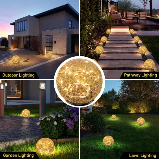 2 Pack Globe (4.7”) Garden Solar Lights Cracked Glass Ball Waterproof LED for Outdoor Decor Decorations Pathway Patio Yard Lawn, Warm White {4}