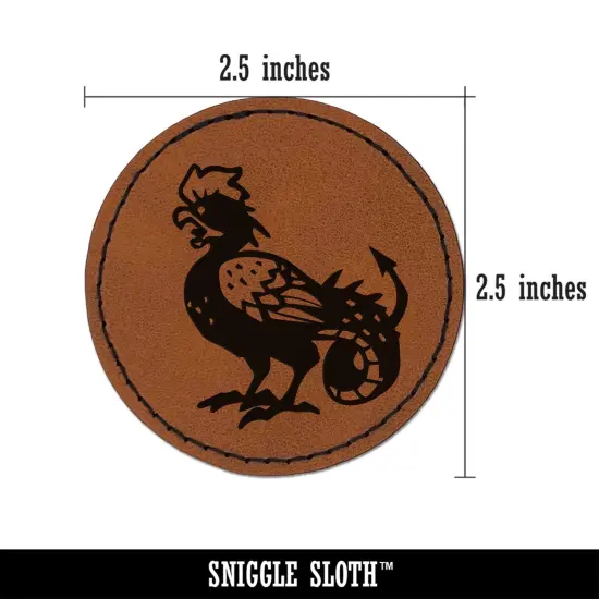 Cockatrice Mythical Monster Round Iron-On Engraved Faux Leather Patch Applique - 2.5" Brown {3}