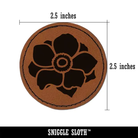 Anemone Flower Round Iron-On Engraved Faux Leather Patch Applique - 2.5" Brown {3}