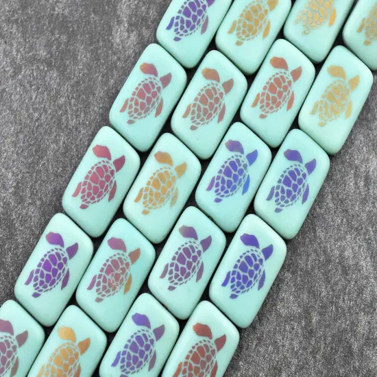 *6* 18x12mm Satin Matte Turquoise Sliperit Laser Tattoo Rectangle Turtle Beads {2}