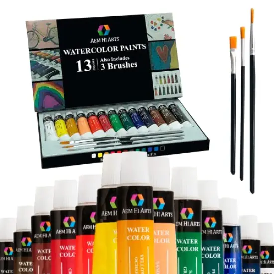 Watercolor Paint Set &ndash; Includes 13 Colors and 3 Brushes &ndash; Paint on Paper, Wood, Fabric, Ceramic & More | Portable and Washable | Great for Kids and Professional Artists {1}