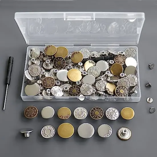 60 Sets Jean Buttons Pins, 17mm and 20mm No-Sew Removable Metal Buttons for Jeans, Jean Button Replacement Repair Combo Rivets and Screwdrivers in Storage Box, Women and Men's Jeans Clothing Supplies {4}