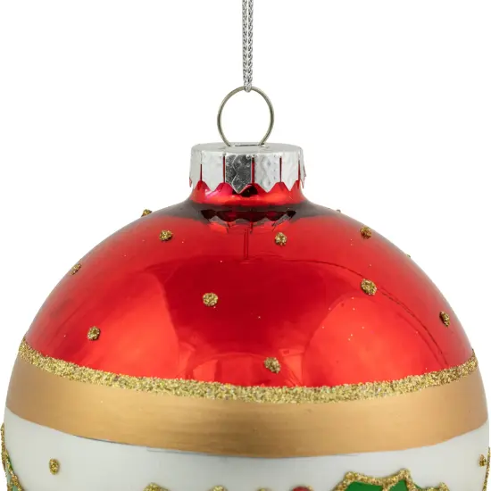 Northlight Holly and Berry Striped Christmas Glass Ball Ornaments - 4" - White and Red - Set of 2 {6}