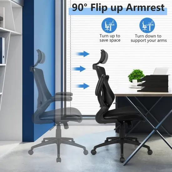 Costway Mesh Back Adjustable Swivel Office Chair w/ Flip up Arms Leather Seat {6}