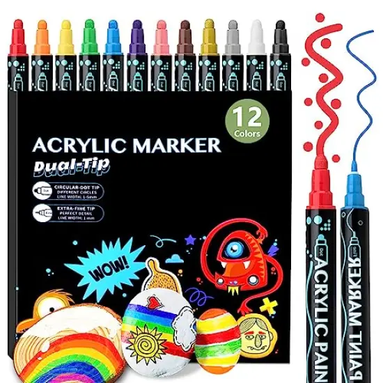 12 Colors Acrylic Paint Pens,Paint Markers Dual Tip for Wood, Canvas, Stone, Rock Painting, Glass, Ceramic Surfaces,DIY Crafts Making Art Supplies {2}