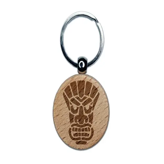 Tiki Mask Hawaii Luau Engraved Wood Round Keychain Tag Charm {1}