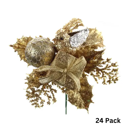 Set of 24 Christmas Gold Glitter Picks with Dove, Gift Box & Ornament Ball - Elegant Tree & Wreath Decor - Holiday Season - 2024 Christmas Collection, Floral Home by Artificial Flowers {1}