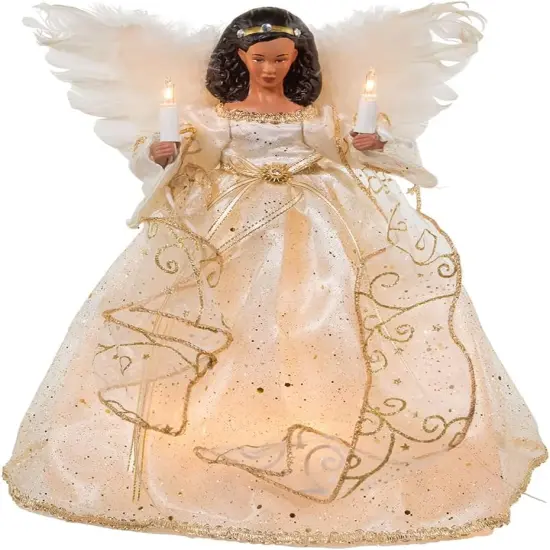 12-Inch UL 10-Light Ivory & Gold African American Angel Treetop {1}