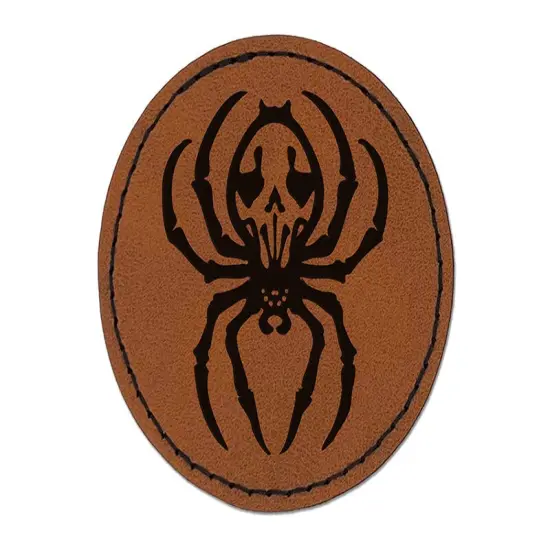 Spooky Spider with Skeleton Skull Markings Round Iron-On Engraved Faux Leather Patch Applique - 2.5" Brown {1}