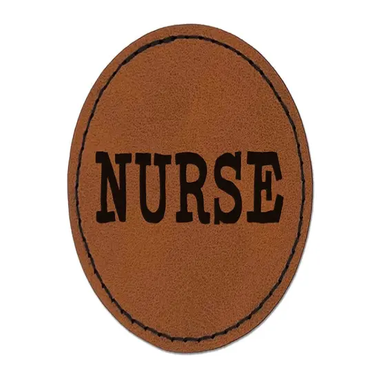 Nurse Fun Text Round Iron-On Engraved Faux Leather Patch Applique - 2.5" Brown {1}