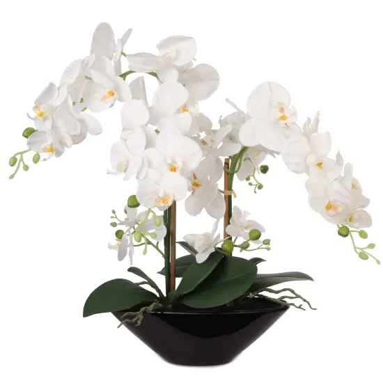 21-Inch White Phalaenopsis Orchid Arrangement in Black Ceramic Vase with Real Touch Foliage for Elegant Home D&eacute;cor, Floral Home by Artificial Flowers {1}