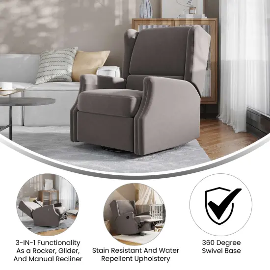 Merrick Lane Abby 3-in-1 Wingback Manual Recliner Rocker Swivel Glider Chair Light Gray {8}