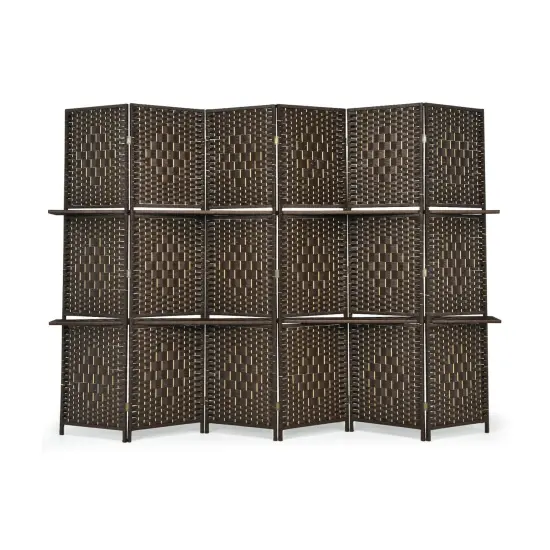 6 Panel Folding Weave Fiber Room Divider with 2 Display Shelves Brown {6}