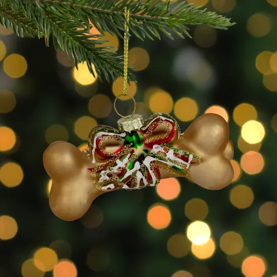 Northlight 3.25" Gold Dog Bone with Bow Glass Christmas Ornament {3}