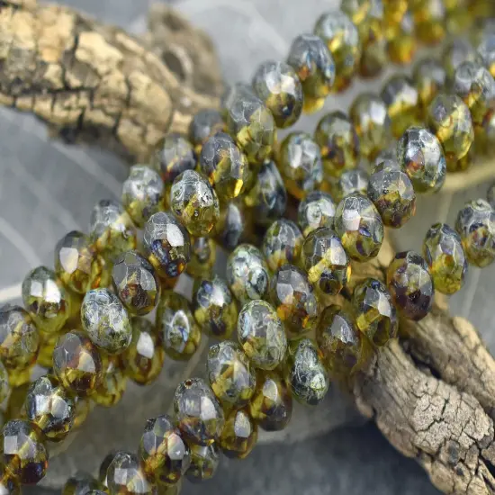 *31* 6x9mm Olivine Picasso Fire Polished Rondelle Beads {2}