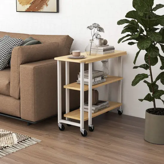 Rotating Sofa Side Table with Wheels Sliding Laptop Desk with Storage Shelves for Small Spaces Natural {5}