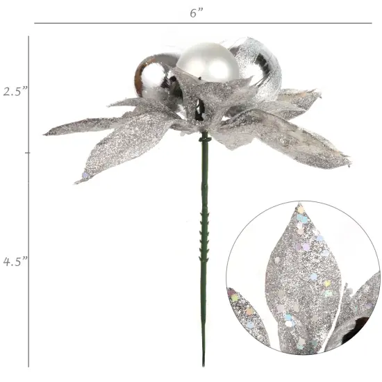 Set of 12: Silver Glitter Poinsettia Flower Picks with 3 Ornament Balls - Festive Seasonal Accents - 2024 Christmas Collection, Floral Home by Artificial Flowers {3}