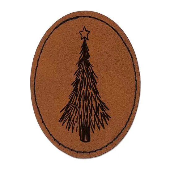 Hand Drawn Christmas Evergreen Tree with Star Round Iron-On Engraved Faux Leather Patch Applique - 2.5" Brown {1}