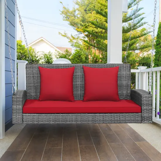 2-Person Patio PE Wicker Hanging Porch Swing Bench Chair with Cushion Red {2}