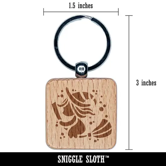 Halloween Witch on Broomstick Engraved Wood Square Keychain Tag Charm {2}