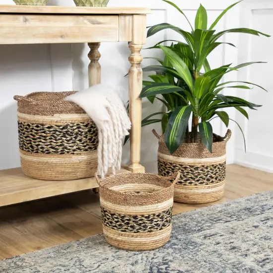 Northlight Seagrass Weave Round Storage Baskets with Handles - 15" - Set of 3 Beige {3}