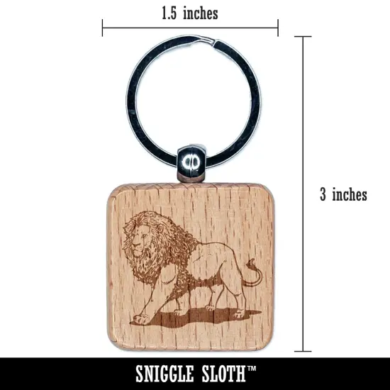 Regal Maned Lion Walking Engraved Wood Square Keychain Tag Charm {2}