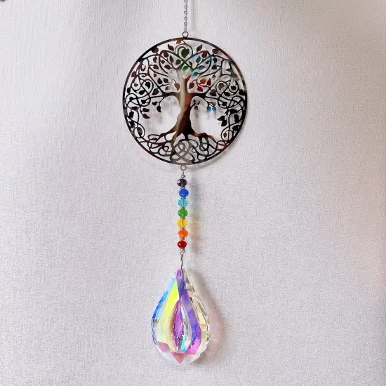 Flower of Life Suncatcher, Silver Hanging Crystal Wind Chimes, Tree of Life Chakra Crystal Glass Angel Sun Catcher with Iris Effect for Home Garden Decoration Christmas Wedding Gift {10}