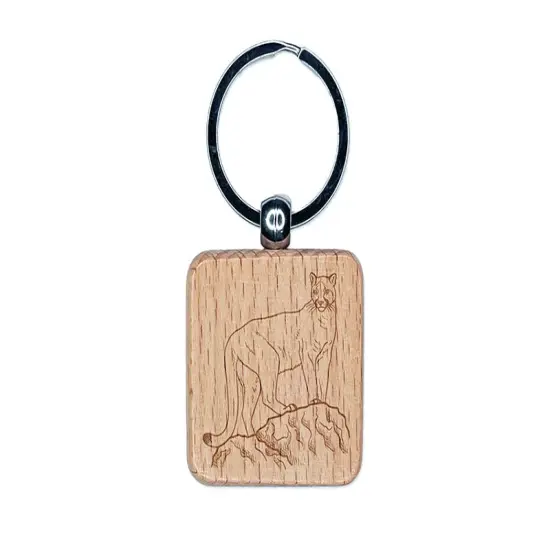 Proud Cougar Mountain Lion Engraved Wood Square Keychain Tag Charm {1}
