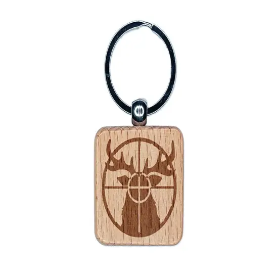 Hunting Hunter Deer in Crosshair Engraved Wood Square Keychain Tag Charm {1}