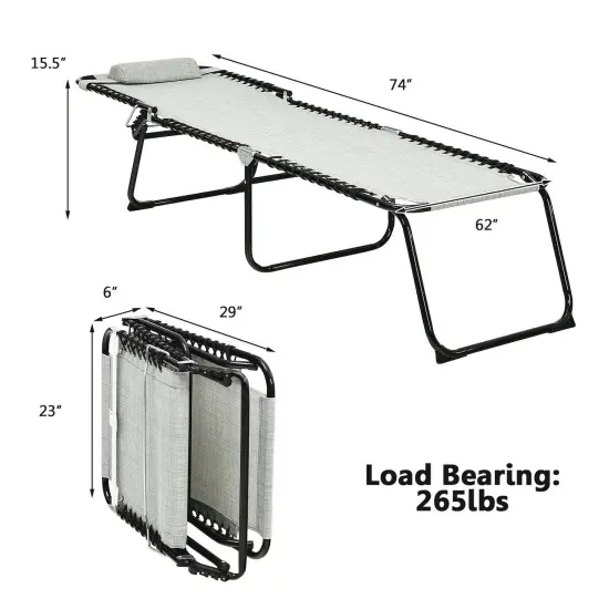 Folding Heightening Design Beach Lounge Chair with Pillow for Patio Grey {4}