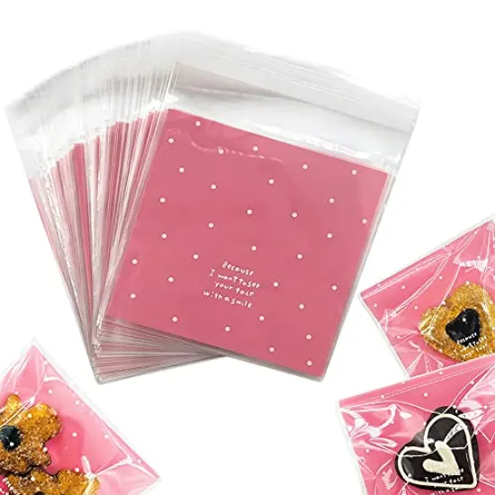 100 Pieces Lovely Small Self Adhesive Treat Bag Cellophane Bag Cookie Bag, Homemade, Party, Wedding Favor Bag, for Bakery, Biscuit, Candy - Pink (3.94" x 3.94") {2}