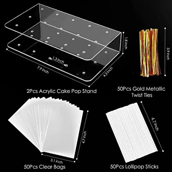 2 Pack Upgraded Acrylic Cake Pop Display Stand 15 Hole Clear Acrylic Lollipop Holder with 50Pcs Lollipop Sticks, 50Pcs Packaging Bags and 50Pcs Gold Metallic Twist Ties {6}