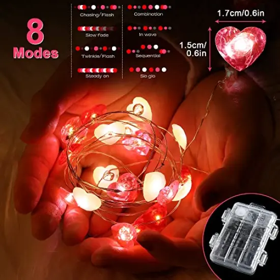 Fairy String Lights 10 Feet LED Red Pink White Heart Shaped Twinkle Fairy Lights 8 Modes Battery Operated for Valentine's Day Kids Bedroom Christmas Wedding Indoor Party Decor with Timer {5}