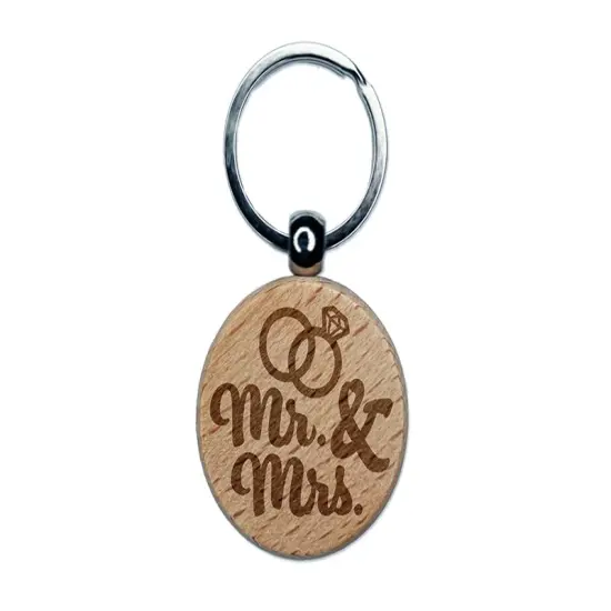 Mr. and Mrs. Wedding Rings Engraved Wood Round Keychain Tag Charm {1}