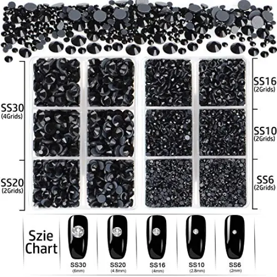 6400 Pieces Hotfix Rhinestones Black Flat Back 5 Mixed Sizes Crystal Round Glass Gems with Tweezers and Picking Rhinestones Pen {4}