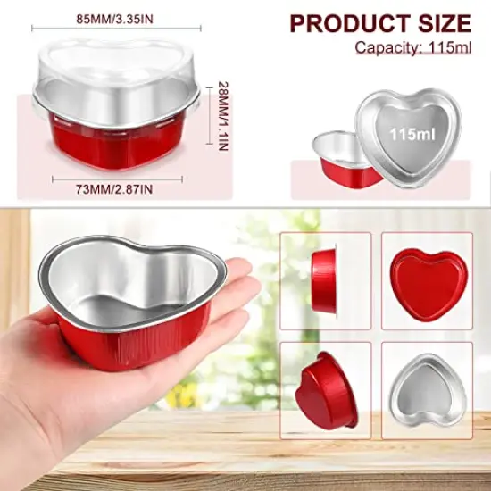 60 Sets Heart Shaped Cake Pans with Lids, 3.4 Ounces/ 100 ml, Aluminum Foil Mini Disposable Heart Cupcake Pans for Valentine's Day Wedding Parties (Gold, Red, Pink, White) {6}