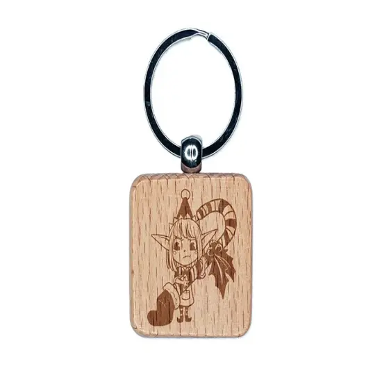 Christmas Elf with Stocking and Candy Cane Engraved Wood Square Keychain Tag Charm {1}