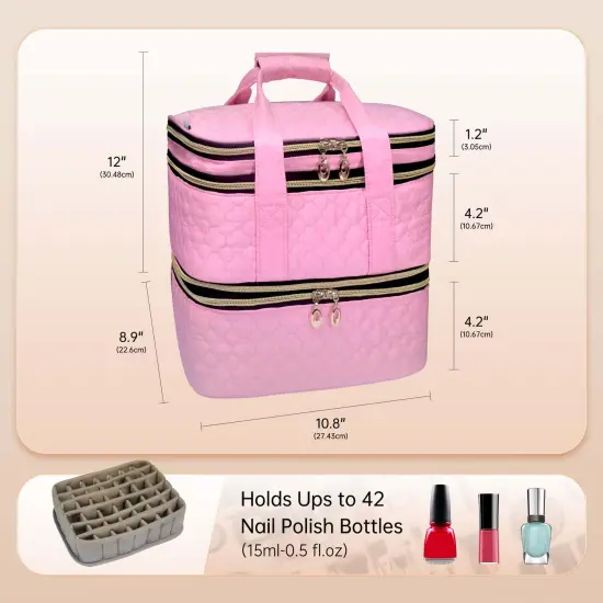 Nail Polish Organizer; Three-Layers Nail Polish Organizer Case with Detachable Nail Machine Compartment; 3 in 1 Portable Nail Polish Holder Organizer Case Pink {4}