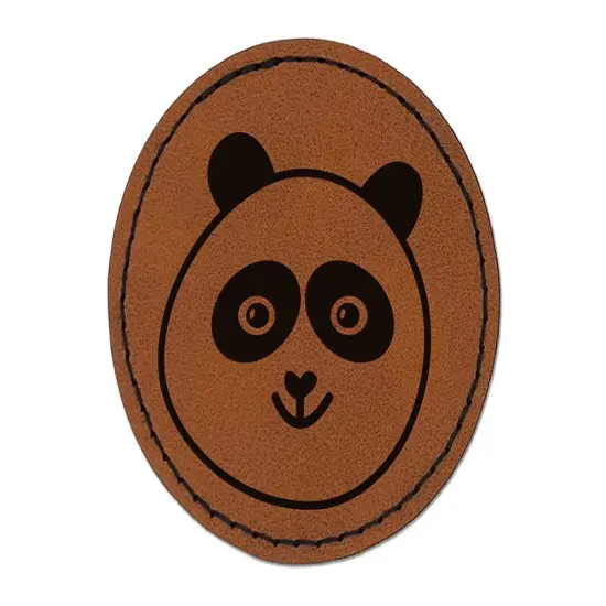 Happy Panda Face Round Iron-On Engraved Faux Leather Patch Applique - 2.5" Brown {1}