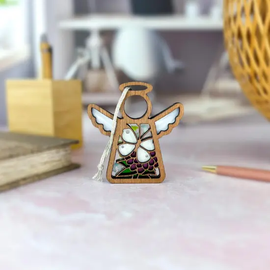 3.5" (H) Cabbage Butterfly with Clover Flower Ornament - Handcrafted in Texas - Mother's Angels&reg; Christmas Angel Wings Figurine {4}