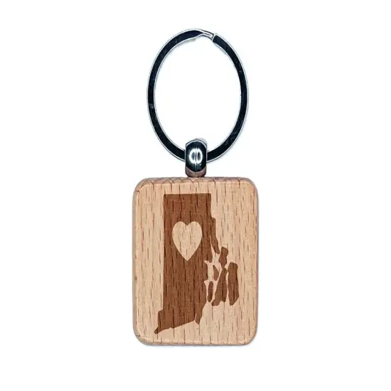 Rhode Island State with Heart Engraved Wood Square Keychain Tag Charm {1}