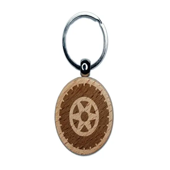 Wheel Tire Icon Engraved Wood Round Keychain Tag Charm {1}