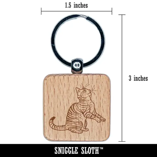 Playful Tabby Cat Domestic Shorthair Engraved Wood Square Keychain Tag Charm {2}